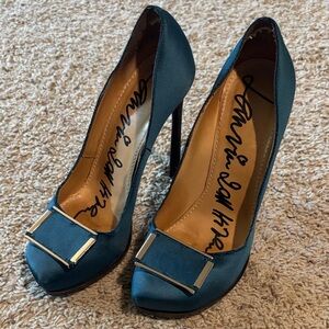 Lanvin Peacock Teal buckle satin stiletto size 37.5